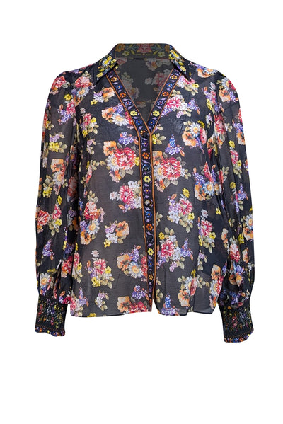 Alice & Olivia - Black & Multicolor Floral Print Cotton & Silk Blend Blouse Sz M