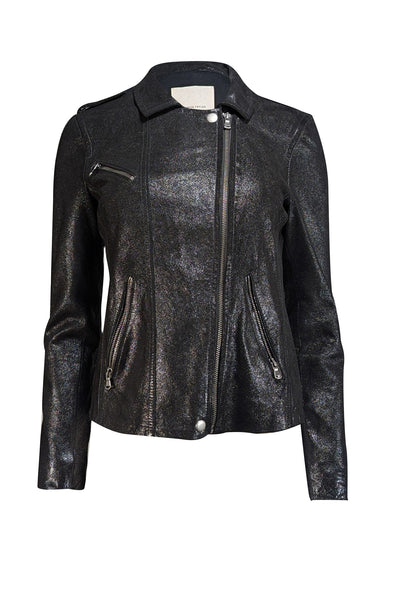 Rebecca Taylor - Black Metallic Coated Leather Moto Jacket Sz 4