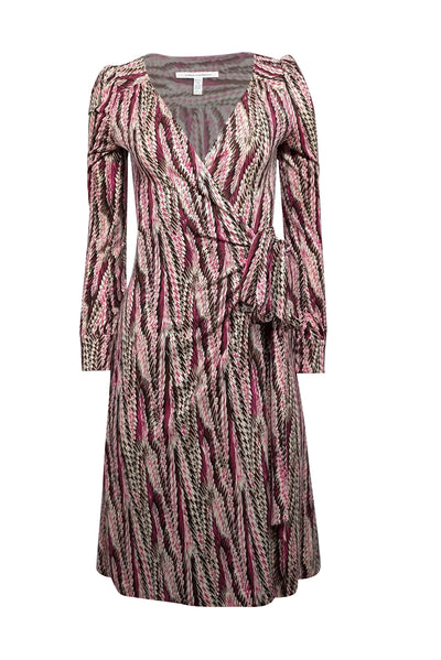 Diane von Furstenberg - Cream, maroon, & Pink Print Silk Wrap Dress Sz 2