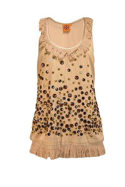 Tory Burch - Beige Silk Tulle Embellished Top Sz 6