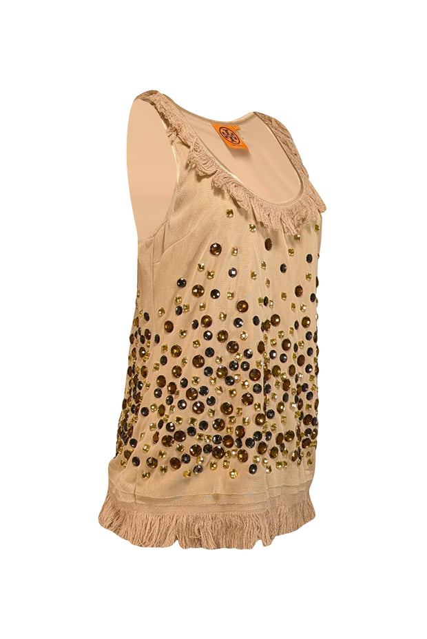 Tory Burch - Beige Silk Tulle Embellished Top Sz 6