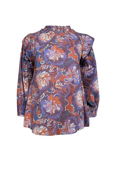 Chufy - Blue, Violet, & Rust Orange Print Cotton Blouse Sz S