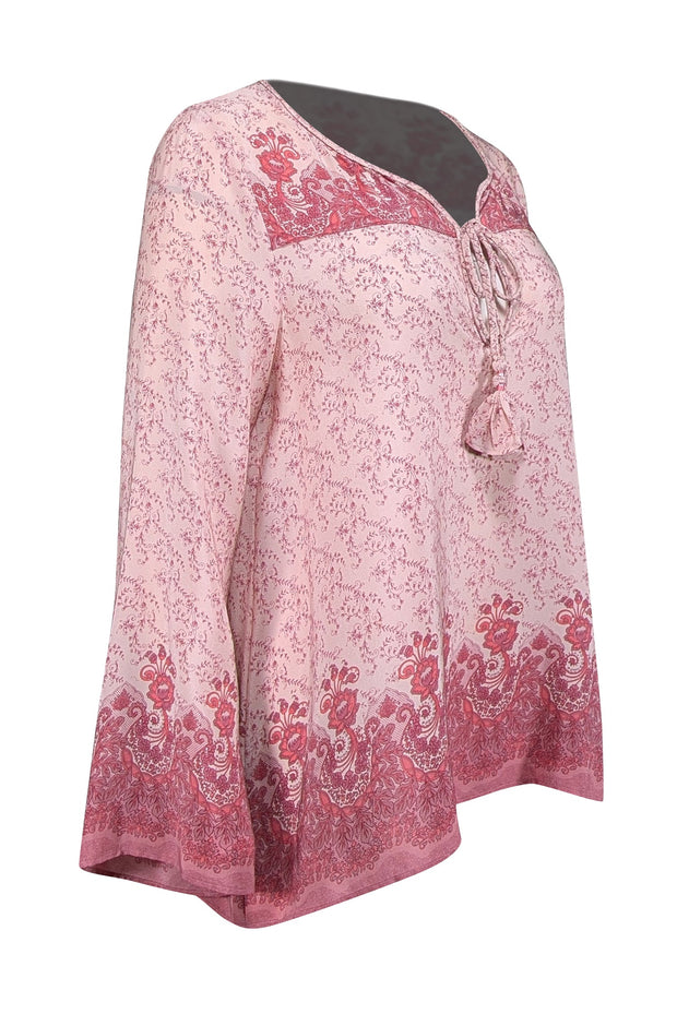 Current Boutique-Calypso - Light Pink, Mauve, & Coral Floral Print Silk Tunic Top M