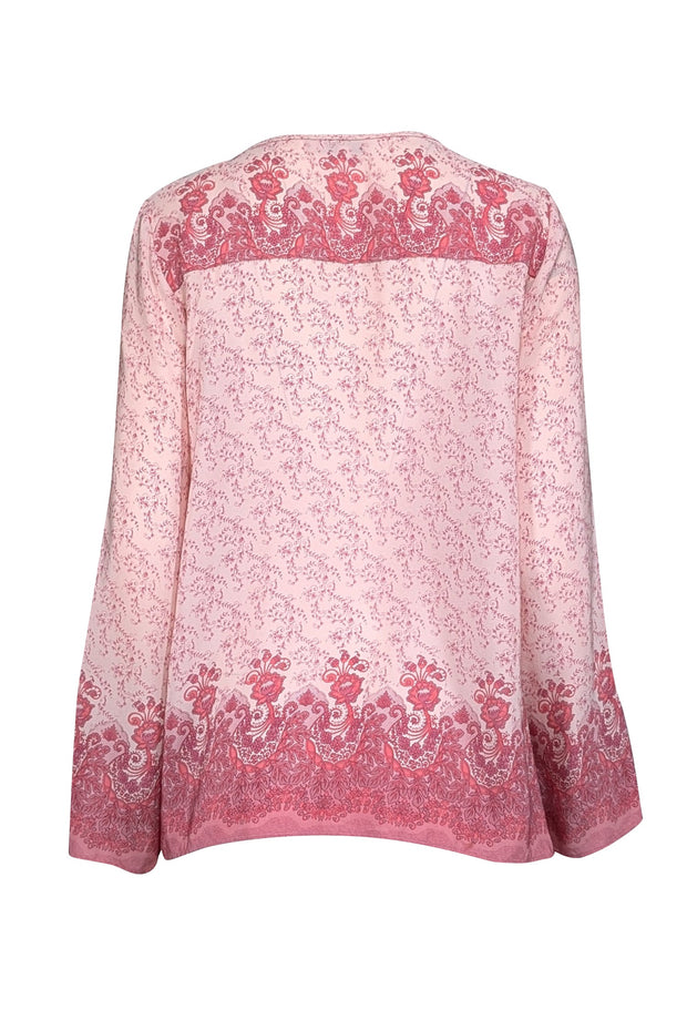 Current Boutique-Calypso - Light Pink, Mauve, & Coral Floral Print Silk Tunic Top M