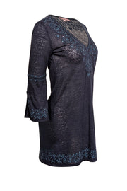 Current Boutique-Calypso - Navy Linen Tunic w/ Teal Embroidery & Sequins Sz XS