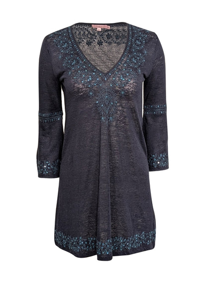 Current Boutique-Calypso - Navy Linen Tunic w/ Teal Embroidery & Sequins Sz XS