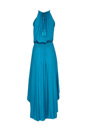 Current Boutique-Calypso - Turquoise Satin Pleated Halter Neck Dress Sz S