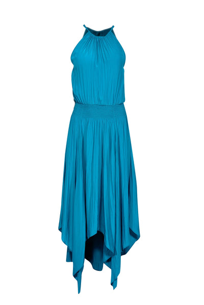 Current Boutique-Calypso - Turquoise Satin Pleated Halter Neck Dress Sz S