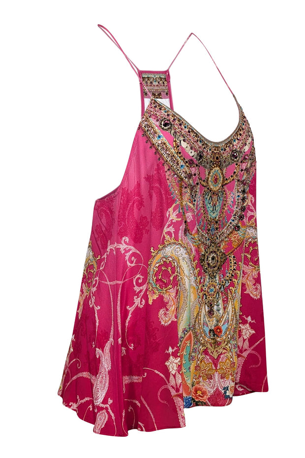 Current Boutique-Camilla - Pink & Multicolor Print Rhinestone Embellished Sleeveless Top Sz S