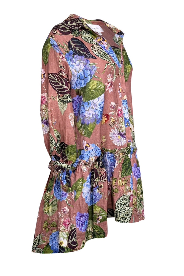 Current Boutique-Cara Cara - Caramel Brown w/ Multicolor Floral Print Linen Mini Dress Sz XL