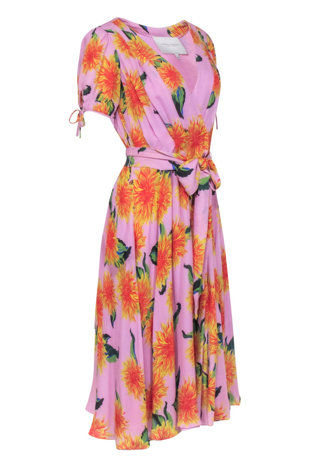 Current Boutique-Carolina Herrera - Pink w/ Orange Floral Print Silk Wrap Midi Dress Sz 2