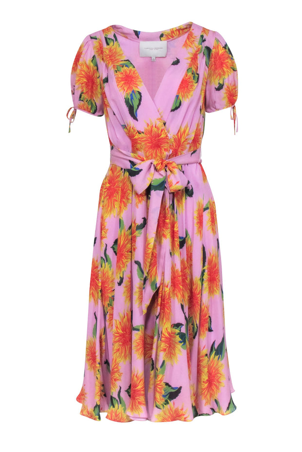 Current Boutique-Carolina Herrera - Pink w/ Orange Floral Print Silk Wrap Midi Dress Sz 2