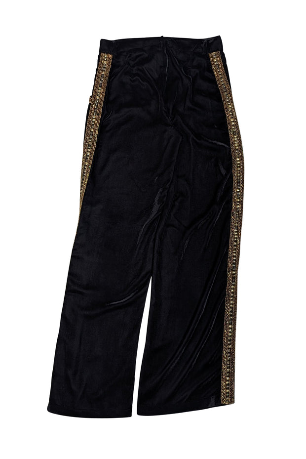 Current Boutique-Carolina K - Black Velvet Wide Leg Pants w/ Gold Beaded Sides Sz S