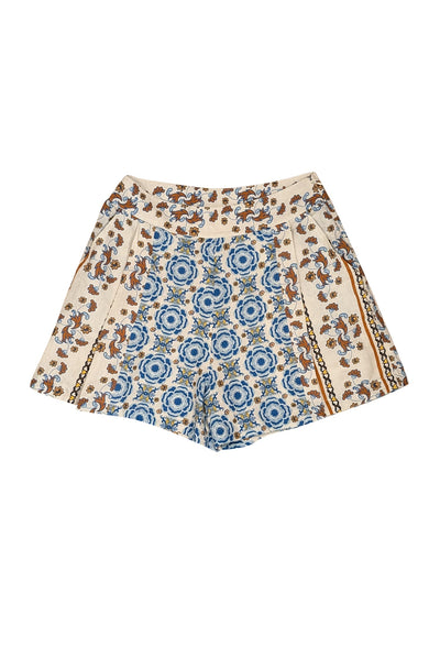 Current Boutique-Carolina K - Cream, Blue, Yellow, & Rust Floral Print Pleated Shorts Sz M