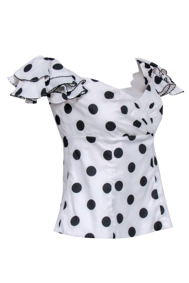 Current Boutique-Caroline Constas - White & Black Polka Dot Ruffle Shoulder Top Sz M