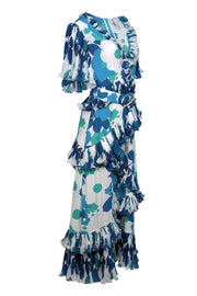 Current Boutique-Celia B - White, Blue, & Green Floral Print Pleated Ruffle Maxi Dress Sz M