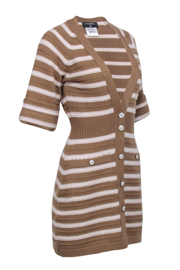 Current Boutique-Chanel - Beige Cashmere Sweater Dress w/ Cream Stripes Sz 36