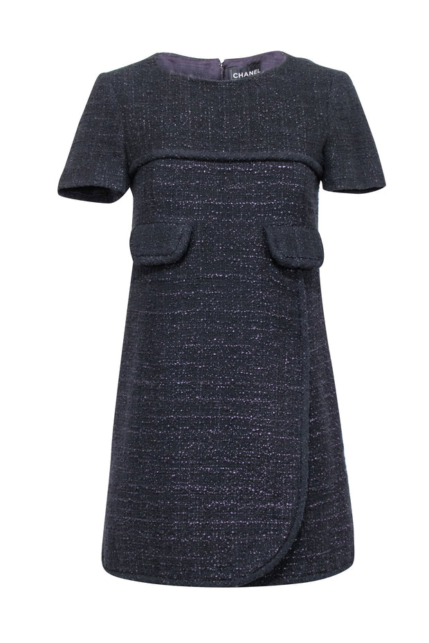 Current Boutique-Chanel - Black & Metallic Purple Tweed Short Sleeve Dress Sz 4