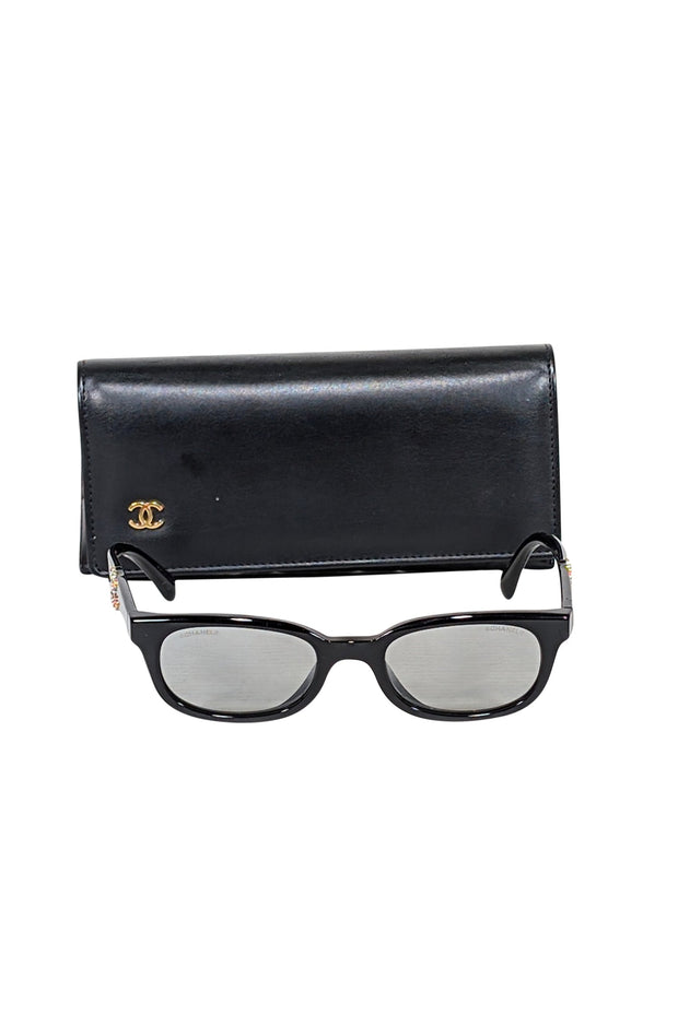 Current Boutique-Chanel - Black Slim Sunglasses w/ Interlocking Rhinestone Logo