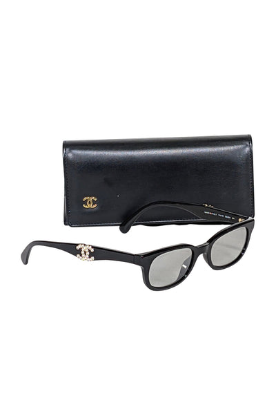 Current Boutique-Chanel - Black Slim Sunglasses w/ Interlocking Rhinestone Logo