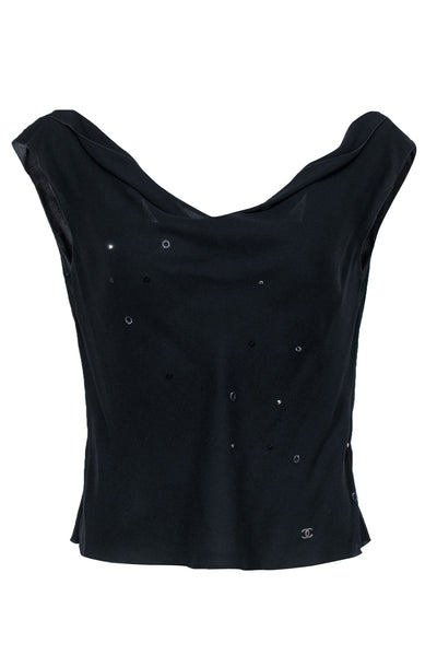 Current Boutique-Chanel - Vintage Black Silk Cowl Neck Tank w/ Beaded Design Sz 10