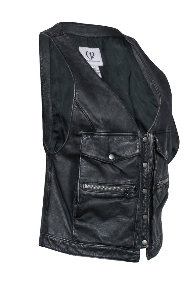 Current Boutique-Charlotte Ronson - Faded Black Leather Button-Up Utility-Style Vest Sz 6