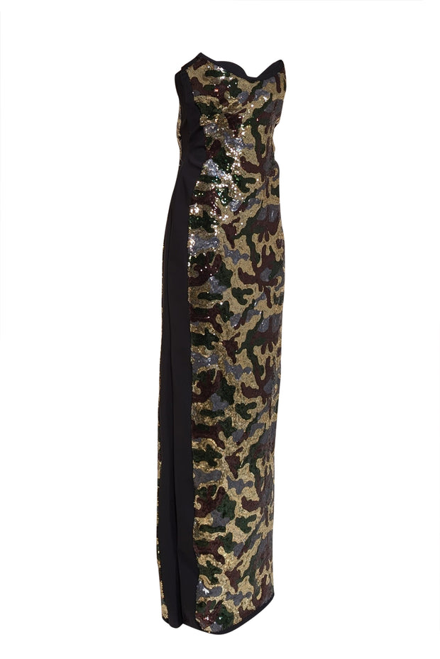 Current Boutique-Chiara Boni - Black w/ Green & Gold Camo Sequins Strapless Gown Sz 8