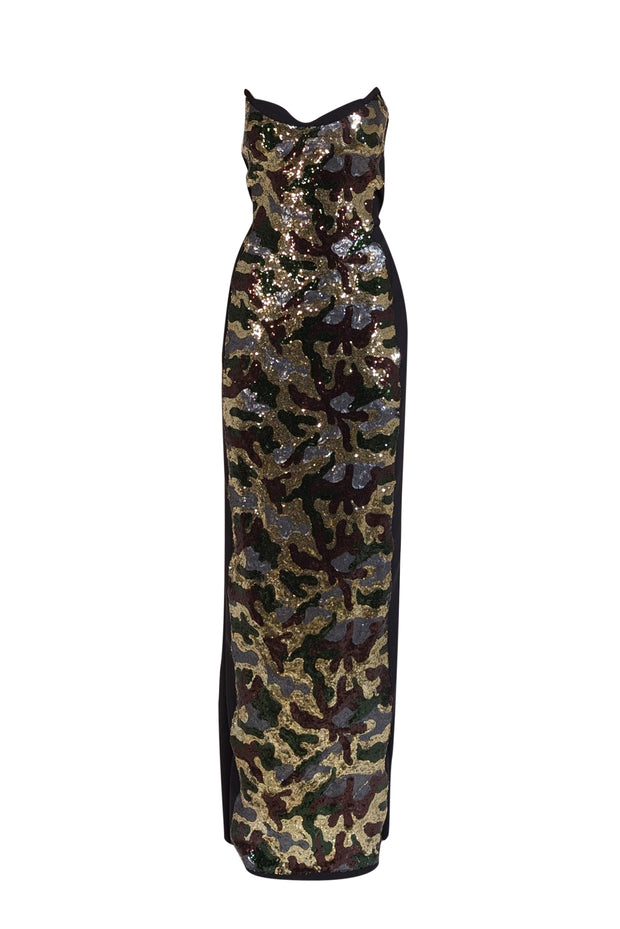 Current Boutique-Chiara Boni - Black w/ Green & Gold Camo Sequins Strapless Gown Sz 8