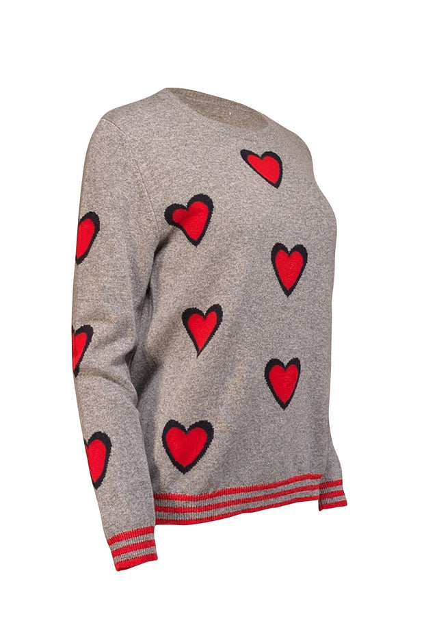 Current Boutique-Chinti & Parker - Grey w/ Red Heart Pattern Cashmere Sweater Sz L