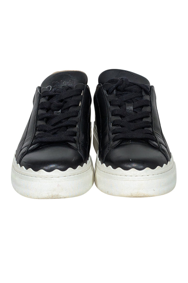 Current Boutique-Chloe - Black Leather Sneakers w/ Scallop Trim Sz 7