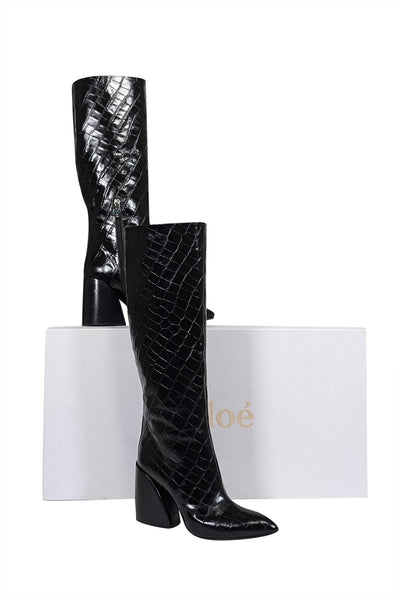 Current Boutique-Chloe - Black Patent Croc Embossed Leather Tall Boots Sz 7.5