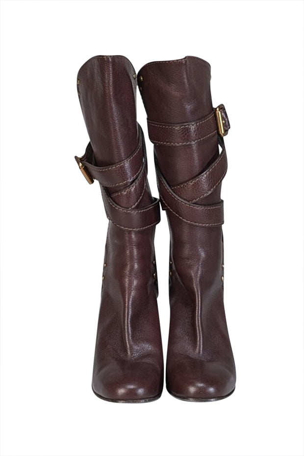 Current Boutique-Chloe - Brown Leather Wrap Around Buckle Detail Tall Boots Sz 10.5