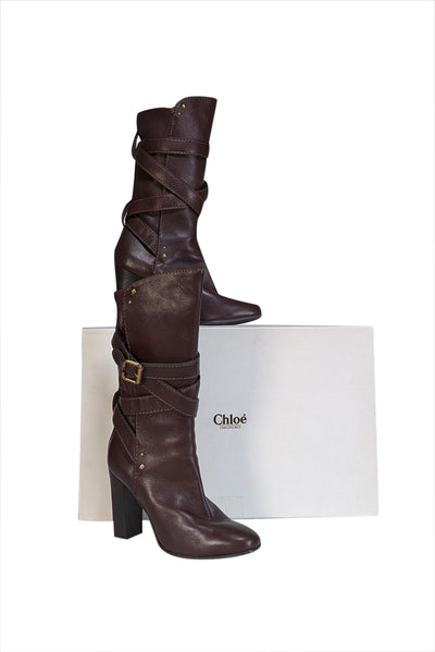 Current Boutique-Chloe - Brown Leather Wrap Around Buckle Detail Tall Boots Sz 10.5