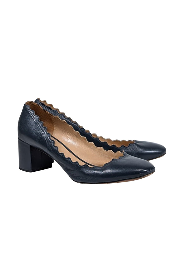 Current Boutique-Chloe - Navy Leather Scallop Edge Low Basic Pumps Sz 8