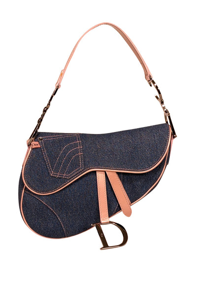 Current Boutique-Christian Dior - Blue Wash Denim Saddle Bag w/ Pink Trim