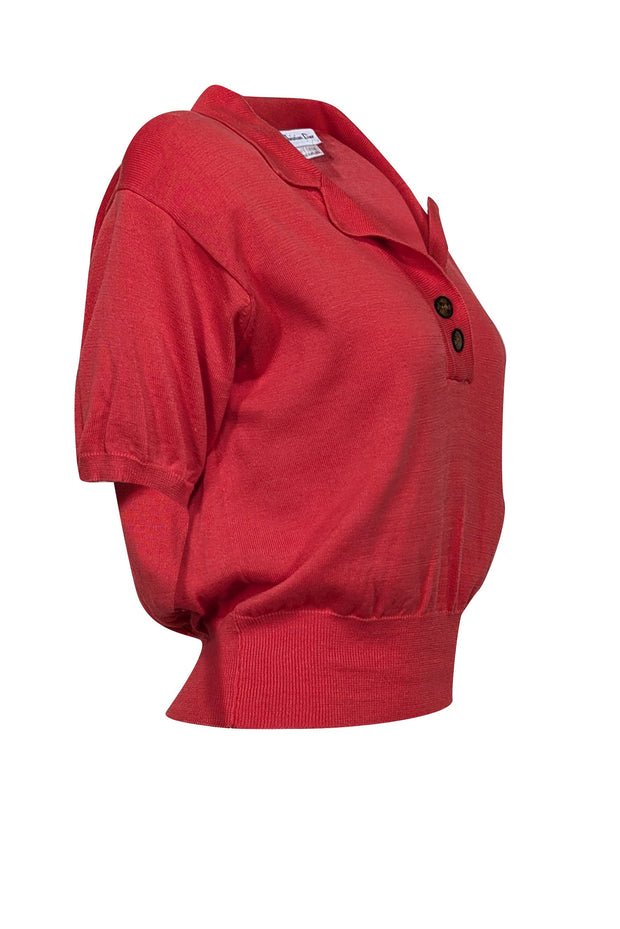 Current Boutique-Christian Dior - Red Knit Short Sleeve Cropped Polo Top Sz S