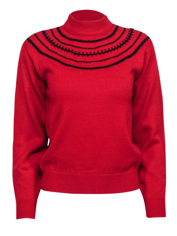 Current Boutique-Christian Dior - Red Wool Blend Mockneck Embroidered Sweater Sz S