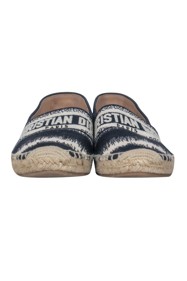 Current Boutique-Christian Dior – Striped Deep Blue & White Embroided Cotton Espadrille Sz 9.5