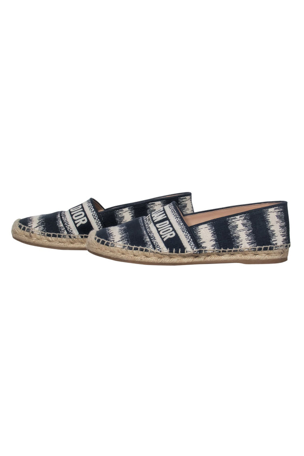 Current Boutique-Christian Dior – Striped Deep Blue & White Embroided Cotton Espadrille Sz 9.5