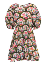 Current Boutique-Christian LaCroix - Black w/ Cream & Pink Print Crop Sleeve Dress Sz L