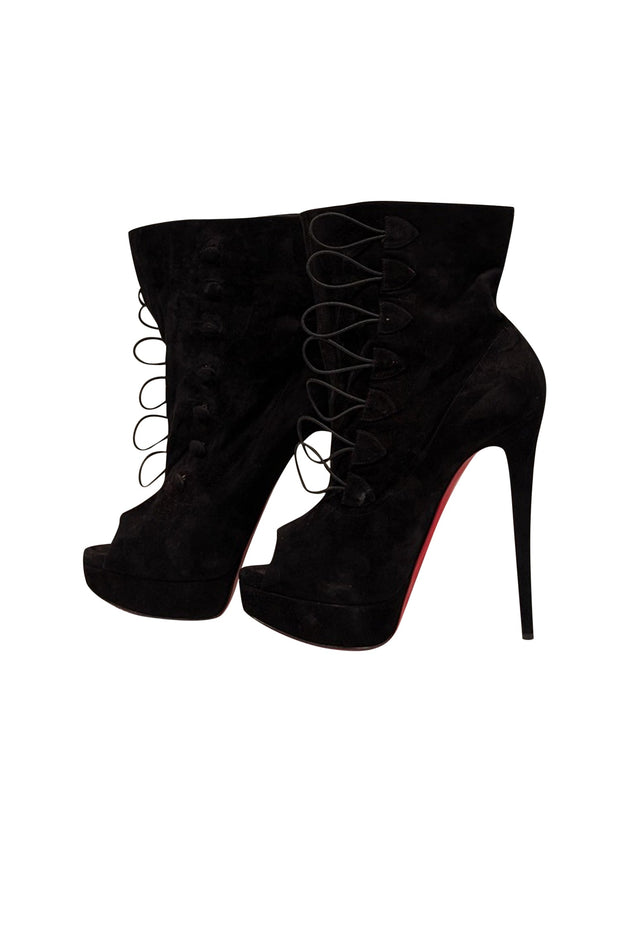 Current Boutique-Christian Louboutin - Black Suede Platform Peep Toe Boots Sz 10