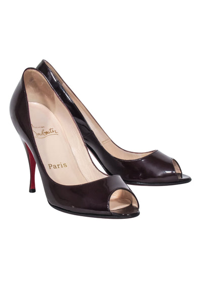 Current Boutique-Christian Louboutin - Maroon Patent Leather Open Toe Pumps Sz 8