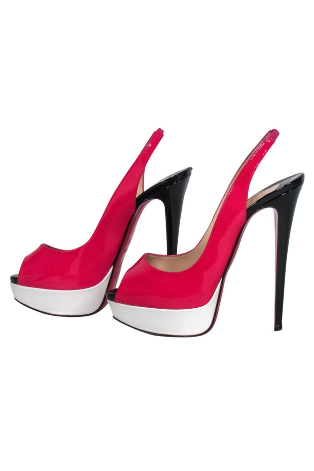 Current Boutique-Christian Louboutin - Patent Leather Pink Color Block Peep Toe Pumps Sz 8.5