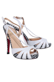 Current Boutique-Christian Louboutin - White Leather w/ Black & White Wove Detail Strappy Pumps Sz 9.5