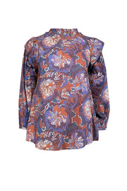 Current Boutique-Chufy - Blue, Violet, & Rust Orange Print Cotton Blouse Sz S