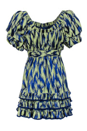 Current Boutique-Cinq a Sept - Green & Blue Off the Shoulder Abstract Print Mini Dress Sz 8