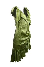 Current Boutique-Cinq a Sept - Green Satin Sleeveless Ruffled Dress Sz 6