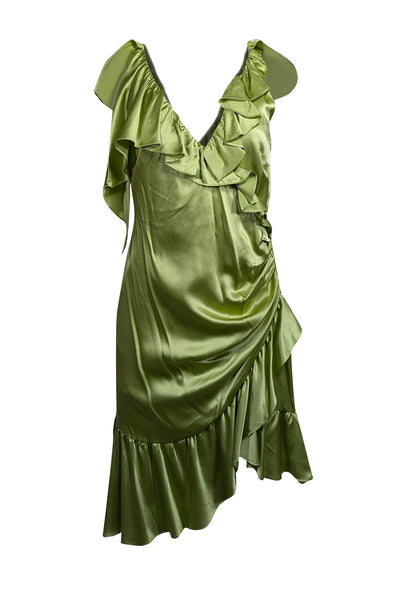 Current Boutique-Cinq a Sept - Green Satin Sleeveless Ruffled Dress Sz 6