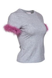 Current Boutique-Cinq a Sept - Grey T-Shirt w/ Pink Faux Feather Trim Sz XS