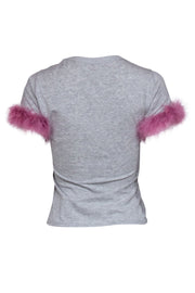 Current Boutique-Cinq a Sept - Grey T-Shirt w/ Pink Faux Feather Trim Sz XS